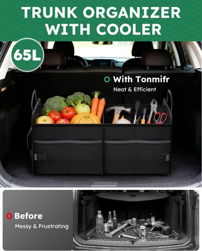 Vista 2 de Organizador de maletero de 2 compartimentos y caja de almacenamiento multicompartimentos de Oxford 600D impermeable, con tiras reflectantes y 8