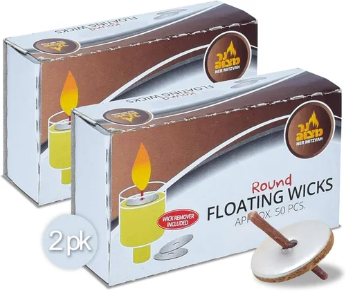 Vista 6 de Ner Mitzvah Mechas flotantes redondas – 50 unidades (aproximadamente), mechas de algodón y soportes de disco de corcho para tazas de aceite – Pinzas