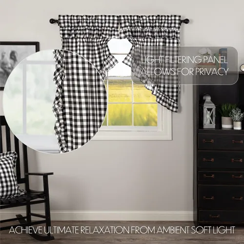 Vista 3 de VHC Brands Annie Buffalo - Cortinas de cocina de algodón a cuadros con bolsillo para barra, cordón de amarre con volantes, par de botes de pradera