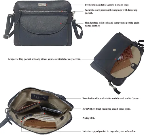 Vista 4 de ASSOTS Bolsos cruzados para mujer Monederos de cuero real con protección RFID, múltiples bolsillos y correa ajustable