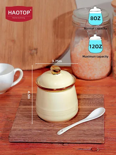 Vista 2 de Azucarero de 12 oz con tapa y cuchara, tarro de azúcar de cerámica simple, contenedor de azúcar, dispensador de azúcar, accesorios de barra de café
