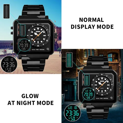 Vista 3 de SKMEI Men's Digital Sports Watch, LED Square Large Face Analog Quartz Wrist Watch with Multi-Time Zone Waterproof Stopwatch