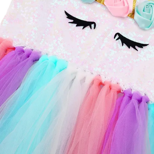 Vista 5 de Mooedcoe Unicorn Costume for Little Girls Dress Up, Handmade Sequin Rainbow Unicorn Tutu Birthday Outfit Gifts Party Decor