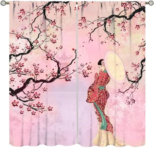 Vista 13 de Cortinas de estilo japonés, Kyoto Geisha Girls Asian Ink Painting - Cortinas de tela de poliéster con estampado de Japón antiguo para dormitorio