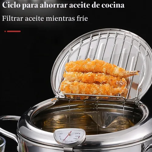 Vista 3 de Freidora Profunda Olla de Acero Inoxidable 304 Estilo Japonés 2.2L, Olla Japonesa para Freír Tempura con Tapa, con Control de Temperatura, Rejilla