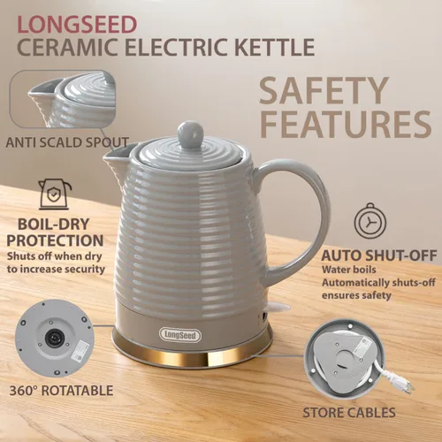 Vista 8 de Hervidor eléctrico de cerámica, 1.2L/1000W, apagado automático, sin BPA, diseño antiquemaduras, rotación de 360 grados, hervidor de té eléctrico