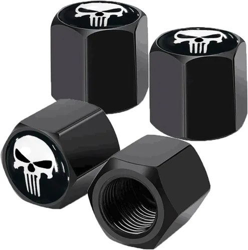 Vista 17 de Ajxn Paquete de 4 tapas de válvula de neumático con calavera para rueda de coche, cubiertas herméticas a prueba de polvo, tapas universales