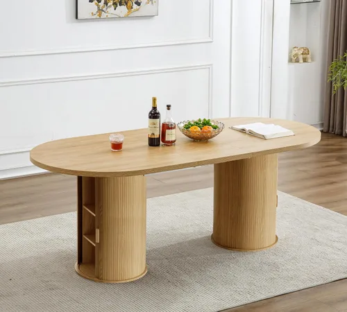 Vista 7 de Mesa de comedor redonda extensible de 94 pulgadas con base de almacenamiento, mesa de comedor expandible natural para 10, mesa de comedor de madera