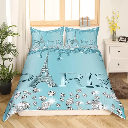Vista 22 de Erosebridal Funda de edredón de la Torre Eiffel para niñas, juego de ropa de cama romántica de París azul, negro y blanco, funda de edredón