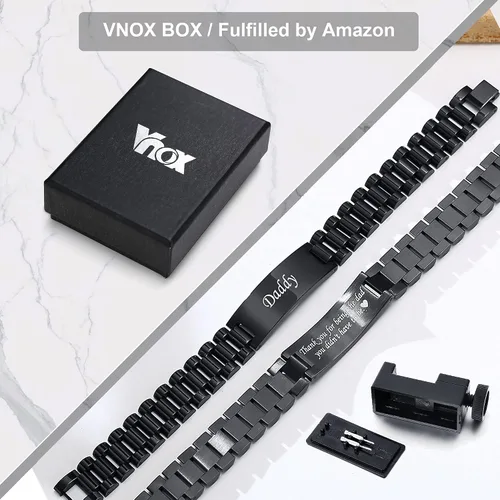 Vista 8 de VNOX - Correa de reloj de eslabones de acero inoxidable para hombre con grabado personalizado gran regalo para papá