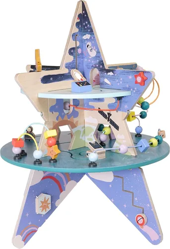 Vista 2 de Manhattan Toy Centro de actividades de madera Celestial Star Explorer de dos pisos con planeadores de formas, spinners, cuentas y obras de arte