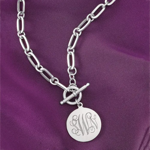 Vista 3 de Ross-Simons Italian Sterling Silver Personalized Paper Clip Link Disc Toggle Necklace
