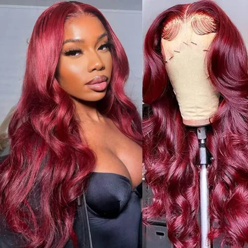Vista 12 de MUPRETTY Pelucas de cabello humano con encaje frontal color burdeos, densidad del 180 %, peluca de encaje frontal de 13 x 4 pulgadas, con cabello