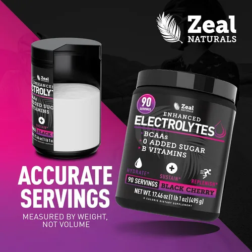 Vista 5 de Zeal Naturals Bebida de recuperación de electrolitos en polvo (90 porciones Cereza negra) con 0 azúcar+BCAA +Vitaminas B Suplemento