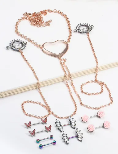 Vista 5 de Pexveiuu - 16 anillos para pezón, cadena y ombligo para mujer, acero quirúrgico, pezón, ombligo, barernas, piercing de barra, Metal, circonita cúbica