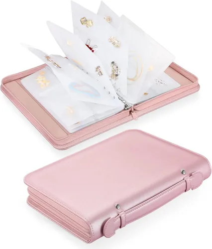 Vista 8 de Estuche organizador de viaje para joyas, libro portátil de piel sintética con bolsillos transparentes con cremallera para collares, aretes, pulseras