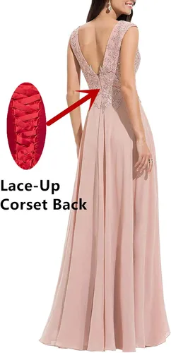 Vista 2 de Vestido largo formal de noche para mujer, con abertura y encaje, de gasa, con escote en V, Classic, 4