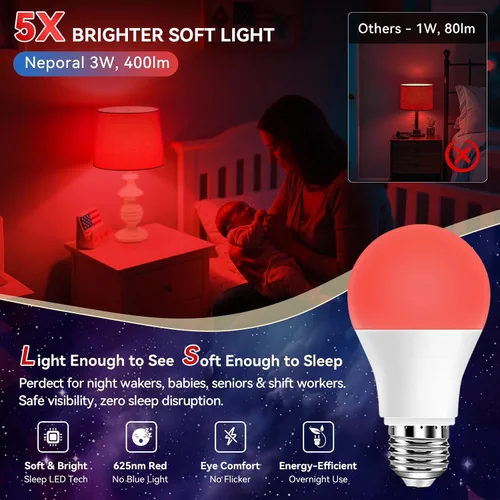 Vista 5 de Neporal Bombillas de Luz Roja de 625nm 3W para Dormir, Bombillas de Bloqueo 100% de Luz Azul para Promover la Melatonina, Bombilla LED A19