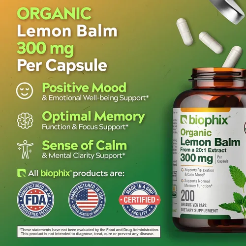 Vista 3 de biophix Cápsulas de bálsamo de limón orgánico de 300 mg USDA orgánico, extracto 20:1, apoya la relajación, calma el estado de ánimo, la memoria