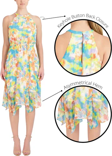 Vista 5 de BCBGeneration Vestido midi ajustado y acampanado con cuello halter elástico y dobladillo asimétrico
