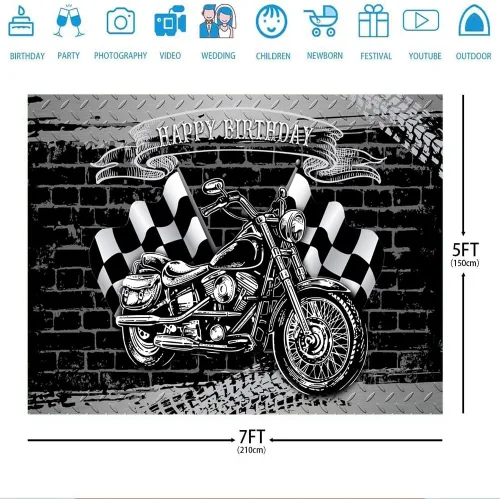 Vista 3 de Ticuenicoa Telón de fondo de fiesta de cumpleaños de motocicleta para fotografía, bandera negra y blanca, fondo de pared de ladrillo para hombres