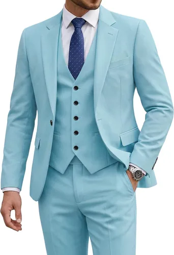 Vista 8 de Traje de 3 piezas para hombre con corbata, chaleco sólido de un botón y beige (529-beige)