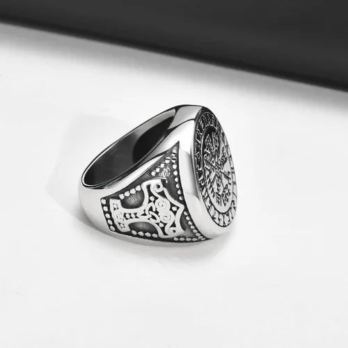 Vista 5 de VNOX Anillos vikingos para hombre, acero inoxidable, martillo de Thor, vikingo, vegvisir, pirata, brújula, anillos de joyería gótica, regalos