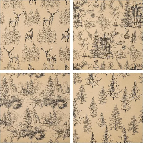 Vista 7 de RUSPEPA Papel de regalo Kraft - Diseño de reno negro y árbol de Navidad - Perfecto para Navidad, cumpleaños o cualquier ocasión - 12 hojas dobladas