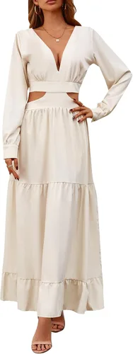 Vista 6 de LYANER Vestido largo con cuello en V profundo y manga larga abombada y corte lateral para mujer