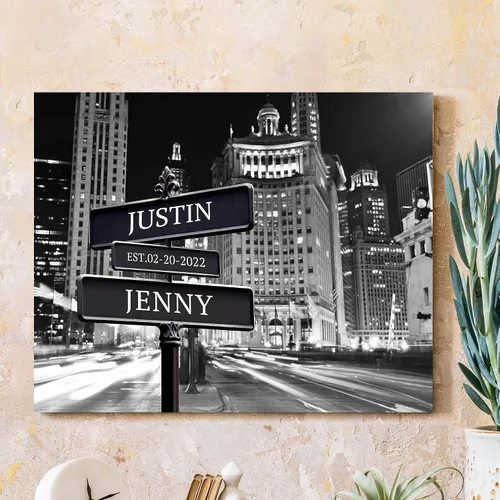 Vista 36 de CP CANVASPATH Letrero de calle con el nombre de la pareja y la fecha, impresiones personalizadas en lienzo del puente de Manhattan por la noche
