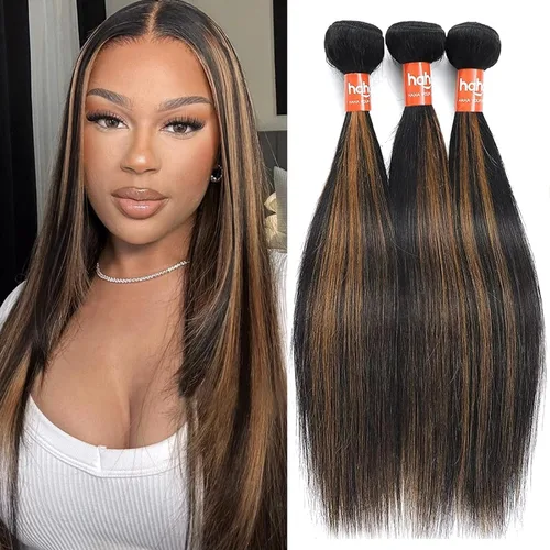 Vista 15 de Extensiones de cabello humano marrón con reflejos de Haha con cierre, extensiones lisas con cierre ombre, extensiones de cabello humano con cierre