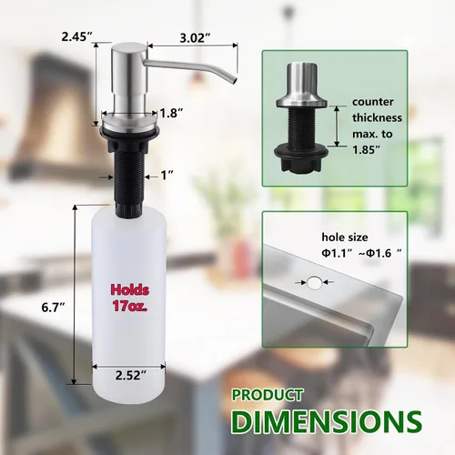 Vista 6 de Dispensador de jabón integrado para fregadero de cocina, cabezal de bomba de encimera de níquel cepillado de acero inoxidable, dispensador de loción