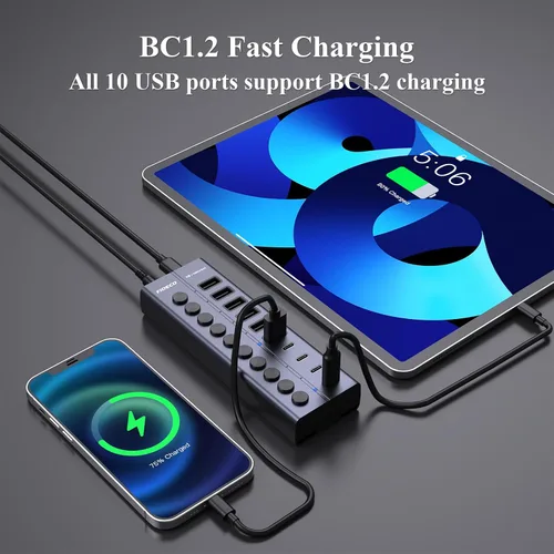 Vista 4 de FIDECO Hub USB alimentado de 60 W para laptop y PC, divisor USB de 10 puertos de 10 Gbps con adaptador de corriente de 12 V 5 A, adaptador