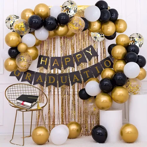 Vista 2 de Kit de 72 globos de confeti negro y dorado, globos negros, dorados y blancos de 12 pulgadas y globos de confeti dorado con cintas para globos