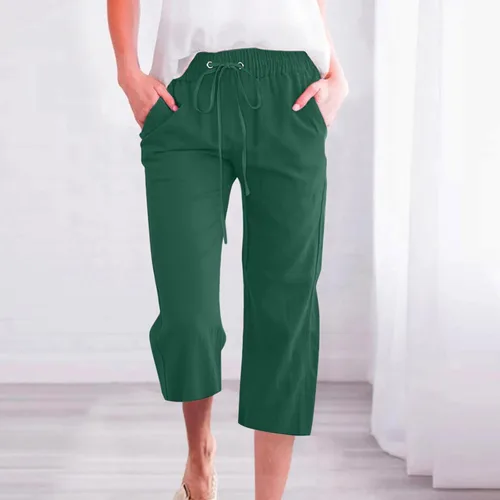 Vista 2 de JEGULV Pantalones capri de lino para mujer, de verano, cintura alta, pierna ancha, pantalones capri de yoga, pantalones cortos con bolsillos