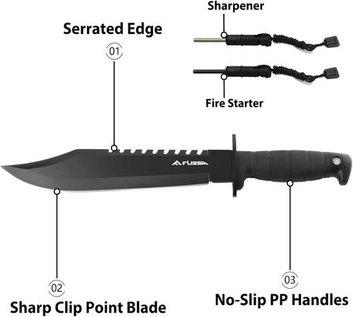 Vista 6 de Cuchillo de supervivencia y caza FLISSA con vaina, cuchillo táctico Bowie de hoja fija de 15 pulgadas con afilador y arrancador de fuego