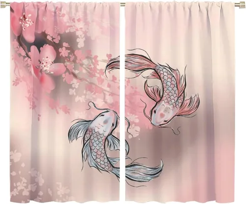 Vista 5 de Koi Fish - Cortinas opacas para cocina, estilo japonés, románticas, con estampado de flores de cerezo, con bolsillo para cortinero, cortinas opacas