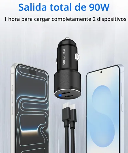 Vista 3 de Cargador de coche dual de 45W USB C, carga súper rápida de 90W máx, adaptador de encendedor de cigarrillos de 12V totalmente metálico para iPhone 17