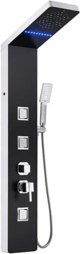 Vista 7 de ELLO&ALLO Sistema de torre de panel de ducha de acero inoxidable, sistema de masaje de lluvia con chorros de cuerpo LED, color negro