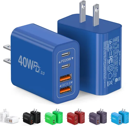 Vista 10 de Bloque de cargador USB C de 40 W, paquete de 2 ladrillos de carga rápida de 4 puertos tipo C, adaptador de enchufe de pared dual PD&QC, ladrillo