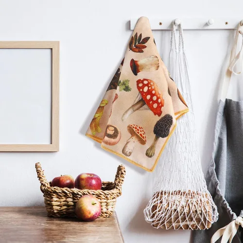 Vista 5 de Preboun Juego de 4 paños de cocina de hongos, 16 x 24 pulgadas, poliéster, color hongo, patrón geométrico, paño de cocina, toallas