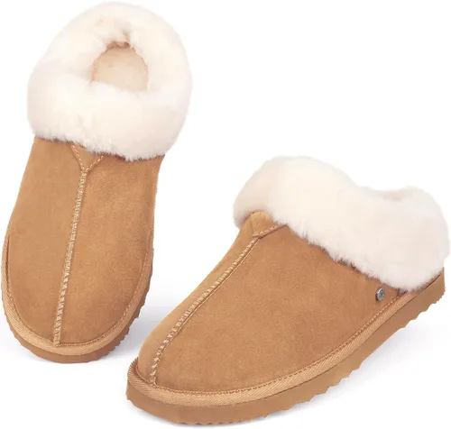 Vista 5 de Parfeying Pantuflas de casa para mujer, lana real de oveja, suela de goma antideslizante, cálidas para interiores y exteriores para mujer