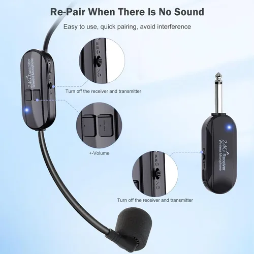 Vista 7 de Auriculares con Micrófono Inalámbrico Doble Profesional: Micrófono Inalámbrico de Diadema para Dos Personas, Micrófono de Diadema y de Mano 2 en 1