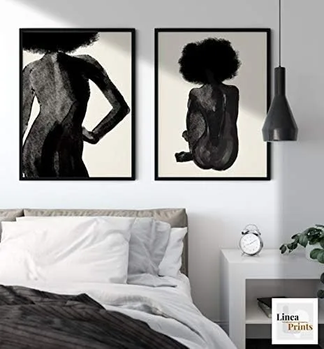 Vista 5 de Set of Two Minimalist Nude Line Art Printable wall art, Black woman art, Female Figure line drawing, feminist print, Afro natural hair