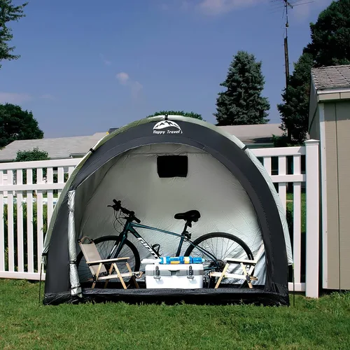 Vista 7 de Happy Travel Carpa Cobertizo de Almacenamiento de Bicicletas, Refugio Cubierta Impermeable para Bicicletas al Aire Libre con Ventana para 2/3/4/6