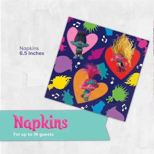 Vista 4 de Trolls - Decoraciones para fiestas de cumpleaños Sirve a 16 invitados Platos de trolls, servilletas, calcomanías