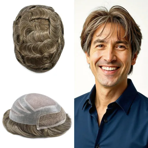 Vista 16 de Toupee - Piezas de pelo para hombres, cabello humano real, sistema de reemplazo de cabello francés, encaje francés, extensiones de cabello