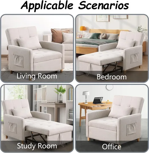 Vista 6 de Silla de cama convertible, sofá cama extraíble con respaldo ajustable, tela de lino, silla convertible con bolsillo lateral para sala de estar