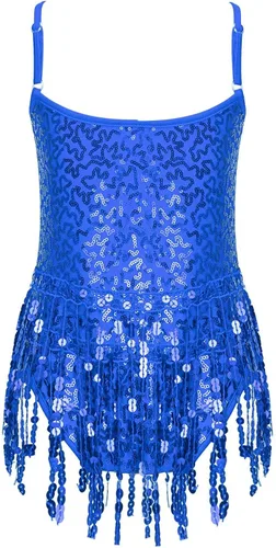 Vista 2 de Xnihocha Vestido de baile latino con borlas y lentejuelas brillantes para niñas y niñas, falda tutú, leotardo, moderno, disfraz de salón de jazz