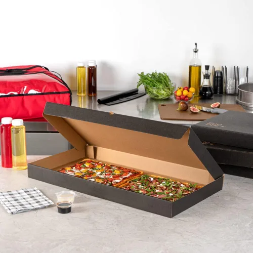 Vista 161 de Restaurantware - Cajas para pizza, 50 unidades, 14 x 7 x 1.5 pulgadas, embalaje de papel de cartón corrugado con bloqueo de pestañas, resistente a